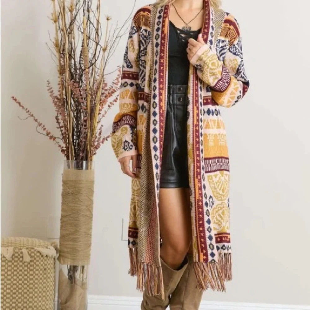 ADORA Tribal Pattern Cardigan with Fringe in Mauve Mix - Picture 1 of 5